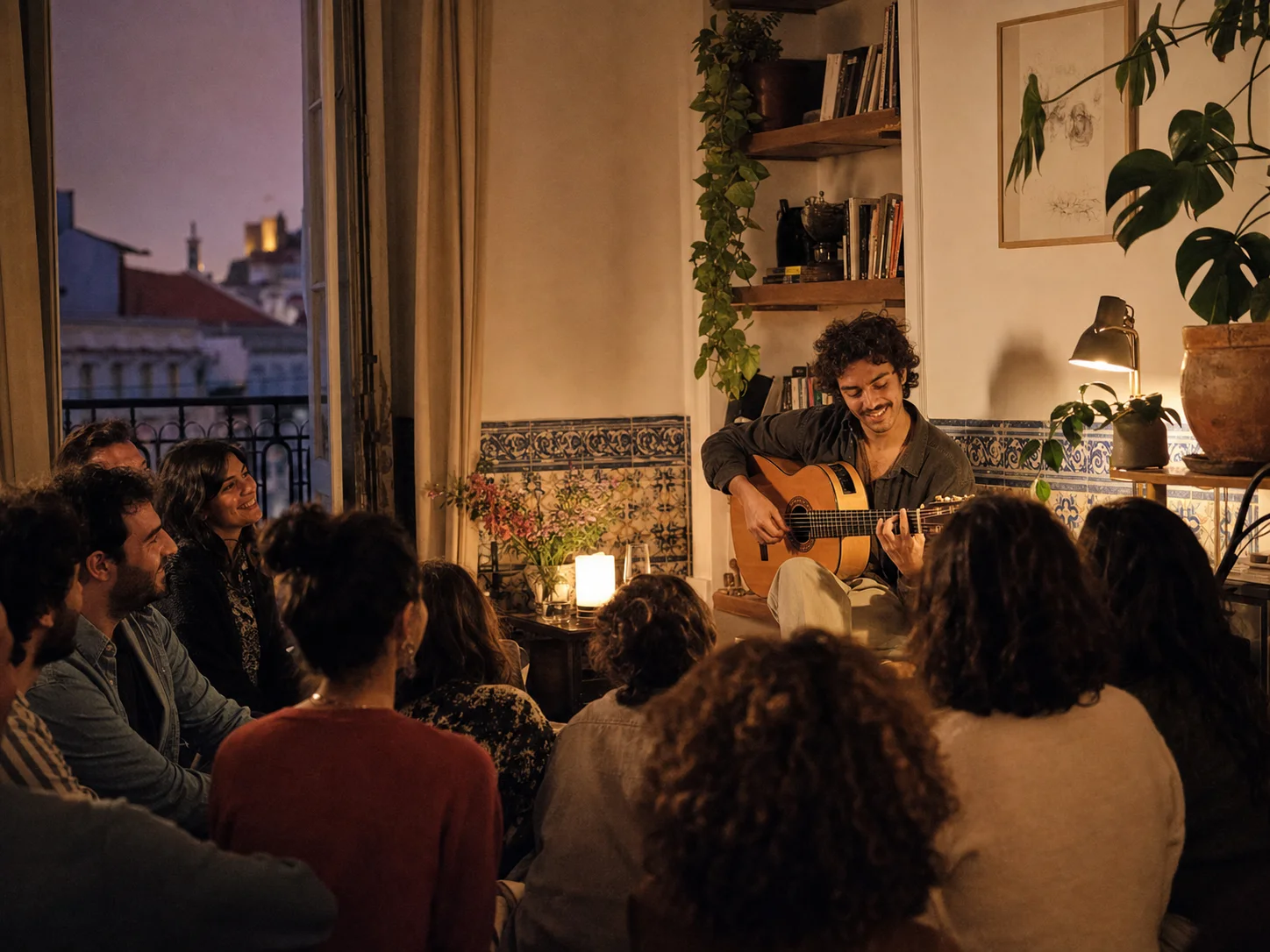 Músico a tocar guitarra para um pequeno grupo numa sala em Lisboa